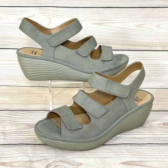 Clarks Reedly Juno Wedge Sandals Womens 8W Sage Nubuck Leather Triple Strap Shoe - Picture 15 of 15
